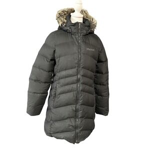 Marmot Coat Womens Medium Black 700 Fill Down Puffer Hooded Fur Trim Parka‎